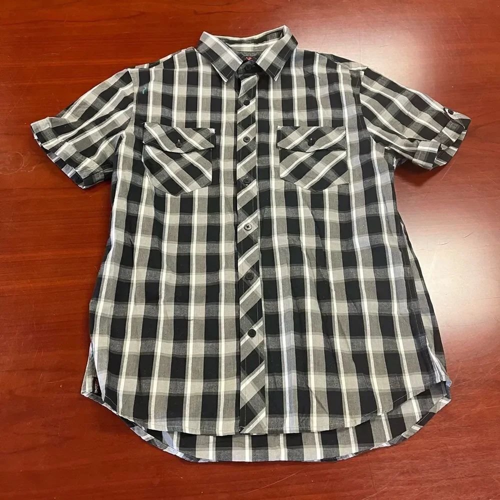 Tony Hawk Gray Plaid Button Cuff Button Down Shirt sz M